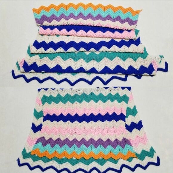 Vntg Asym Zig-Zag Crochet Afghan Throw - Picture 1 of 14